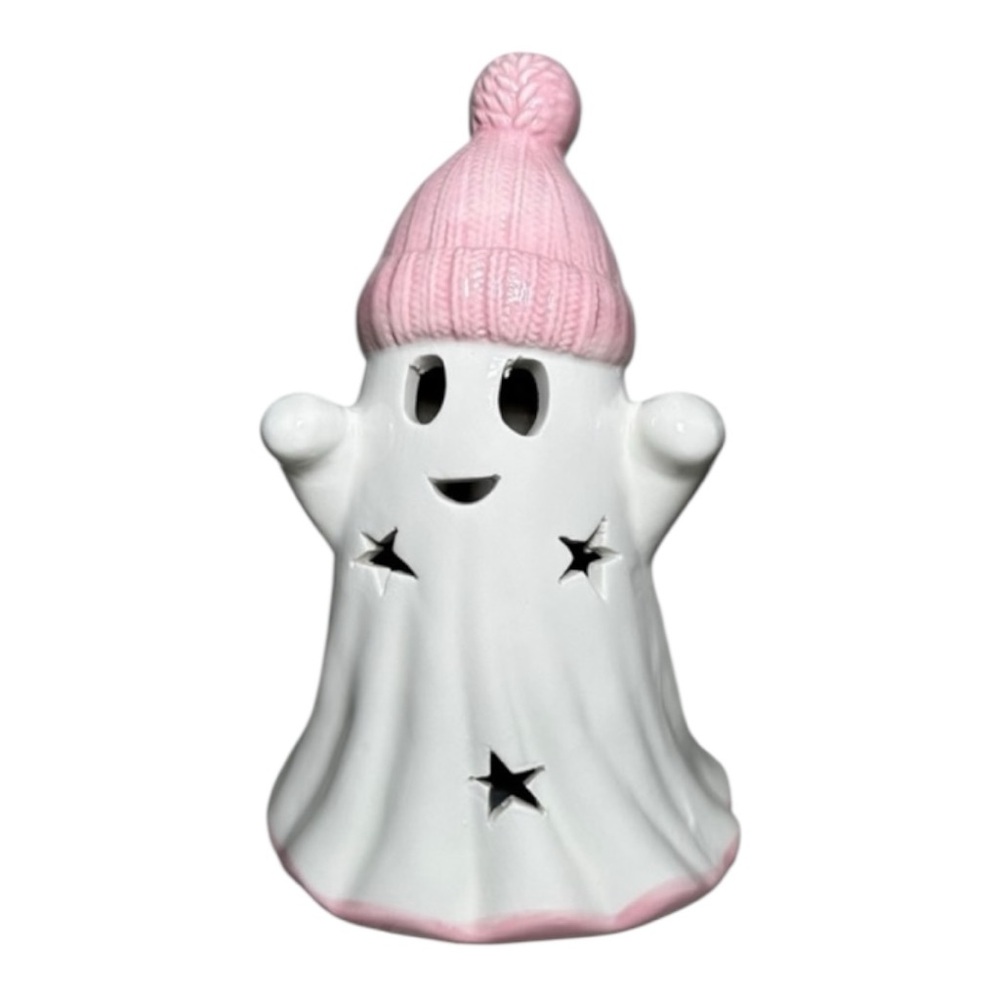 Pink Beanie Hat Ceramic Ghost Girl Ghostie Light Up LED Halloween Tabletop Decor